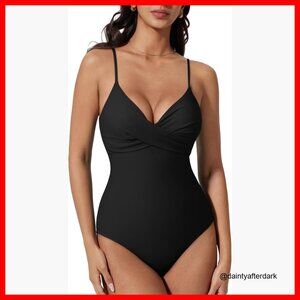 Tummy Control One Piece Swimsuit V Neck Cross Front 80% Nylon 20% Spandex